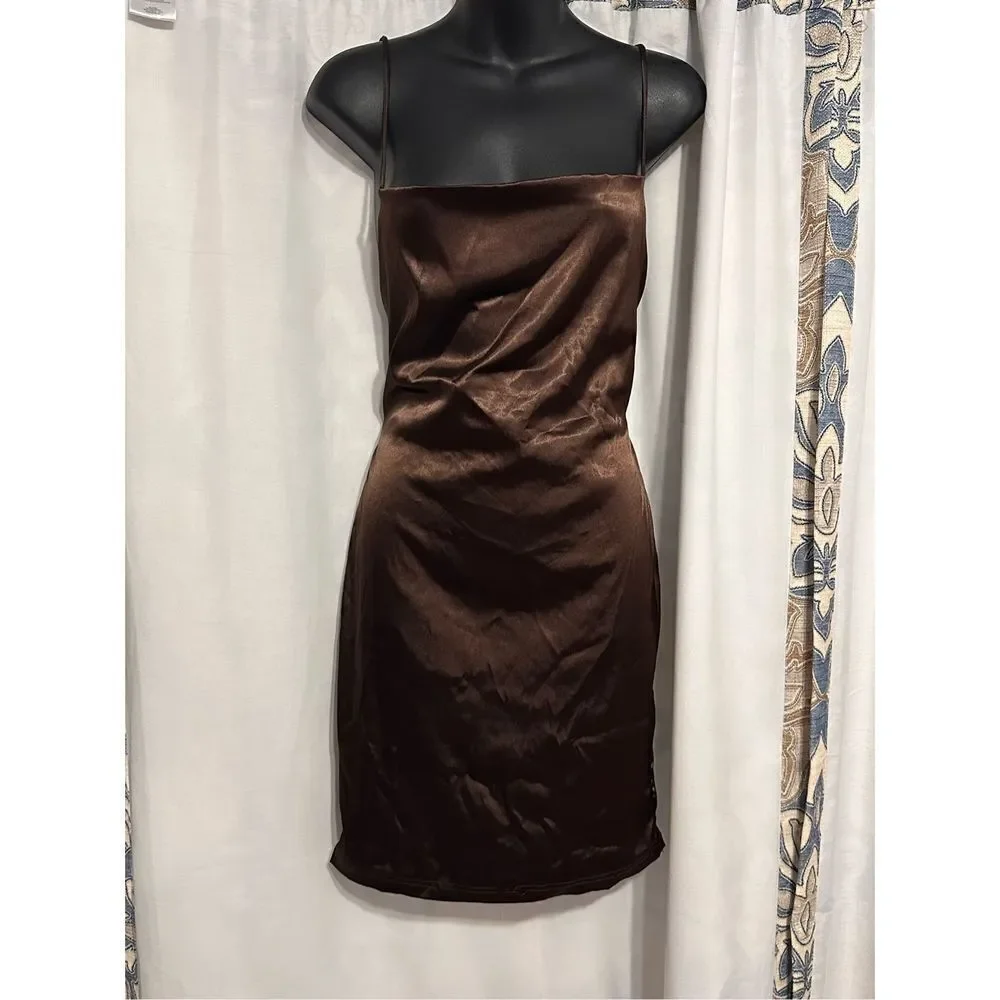 Beautiful Salty SIZE LARGE Satin brown Cinch Mini Dress  Cowl neck, adjustable c